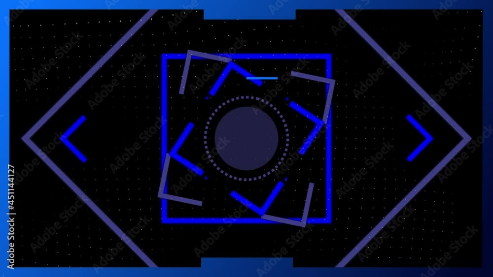 Animation of rotating blue square scope on black background, with blue and white lines passing