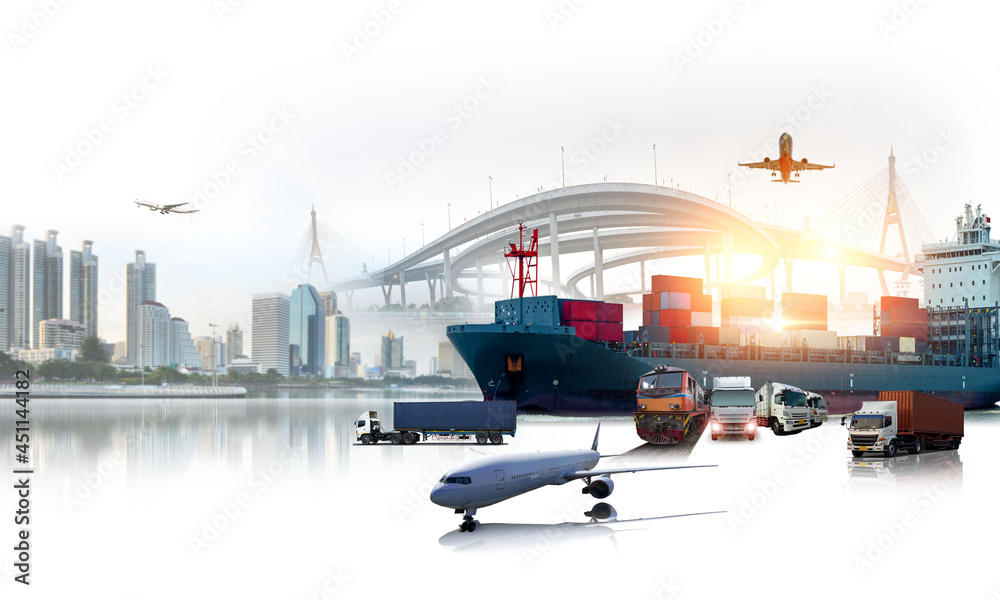 Obraz premium Global business of Container Cargo freight ship for Business logistics concept, Air cargo trucking, Rail transportation and maritime shipping, Online goods orders worldwide