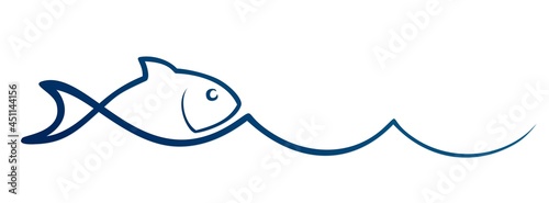 The one line symbol of fish in the blue wave.