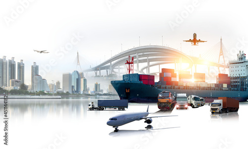 Global business of Container Cargo freight ship for Business logistics concept, Air cargo trucking, Rail transportation and maritime shipping, Online goods orders worldwide