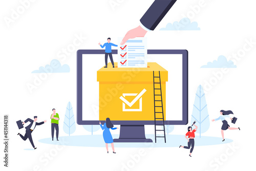 Online voting concept flat style design vector illustration. Tiny people with voting poll online survey working together. Concept of electronic voting modern system political competition and election.
