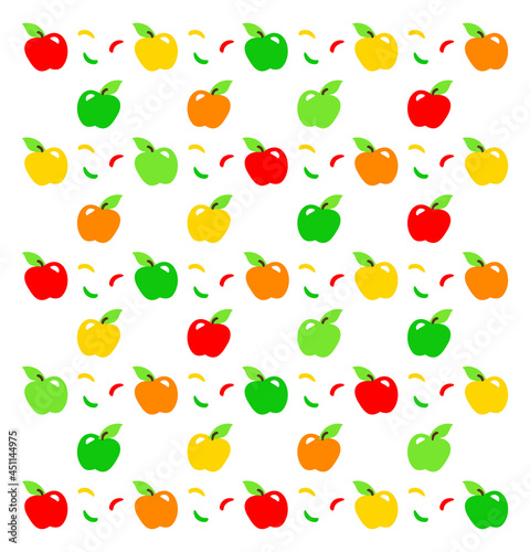 Fototapeta Naklejka Na Ścianę i Meble -  Multicolored stylized apples on a white background with colored elements. Flat vector pattern.