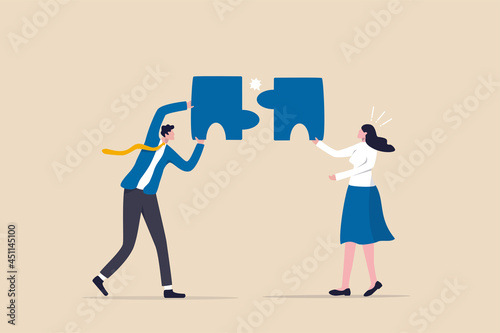Mismatch or mistake, wrong business decision or failure of incorrect solution, mismanagement or invalid choice concept, confused business people putting mismatch or wrong jigsaw puzzle together. photo