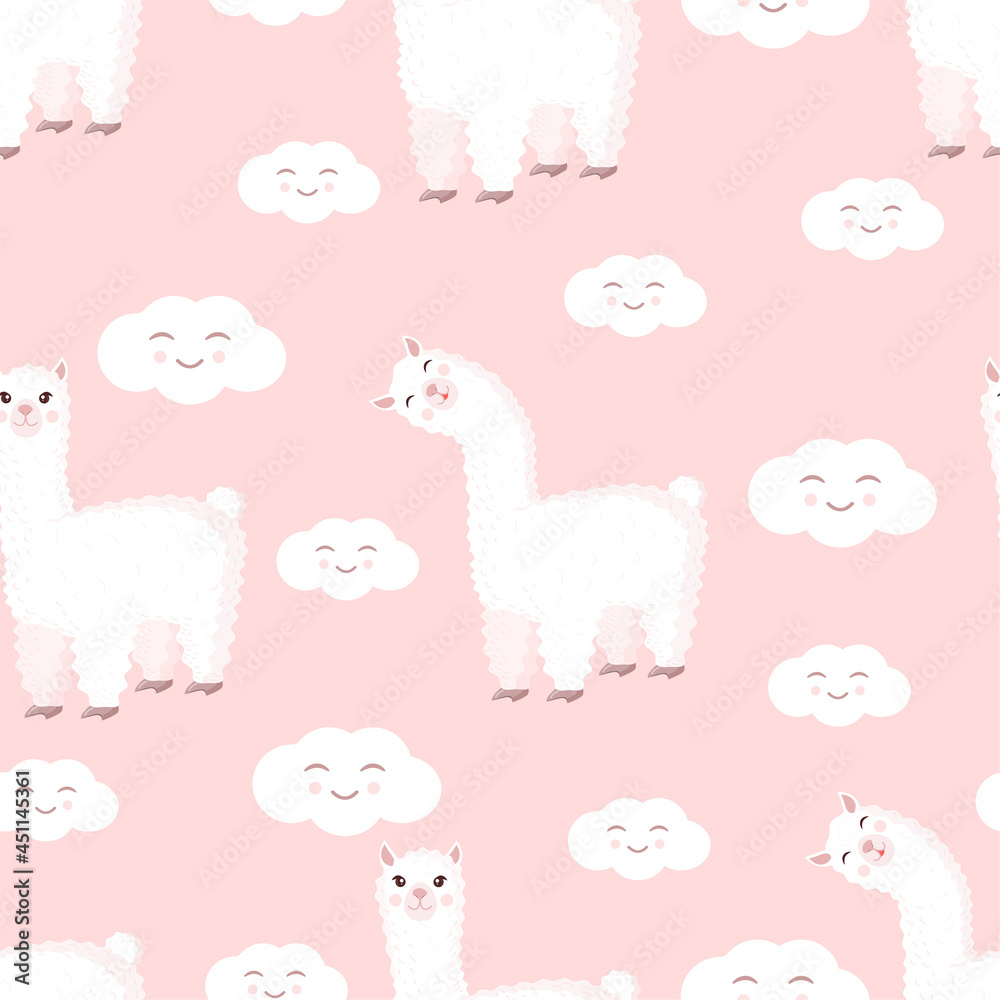 Obraz premium Seamless pattern with funny llama and clouds on a pink background. Vector illustration suitable for baby texture, textile, fabric, poster, greeting card, decor. Cute alpaca from Peru.
