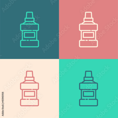 Pop art line Mouthwash plastic bottle and glass icon isolated on color background. Liquid for rinsing mouth. Oralcare equipment. Vector