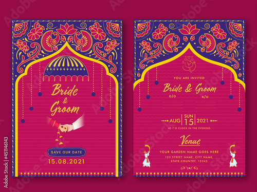 Indian Wedding Invitation Template Layout With Event Details In Pink And Blue Color.