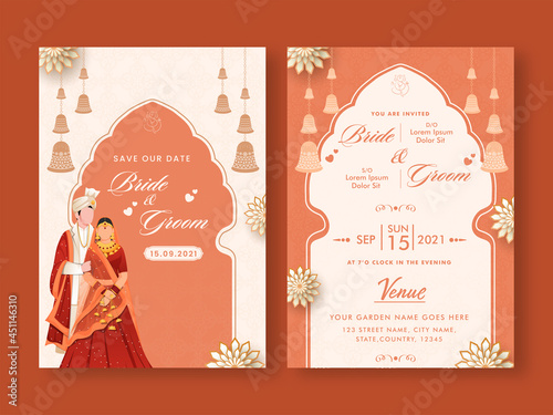 Obraz na plátne Wedding Invitation Template Layout With Indian Couple Image In White And Orange Color