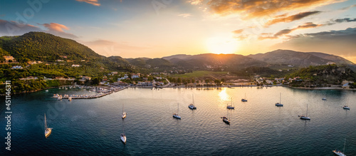 Panoramic aerial view to the idyylic village of Limni Keri, Bay of Laganas, Zakynthos island, Greece, during a summer sunset