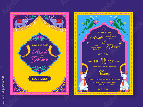 Colorful Indian Wedding Invitation Card On Purple Background.