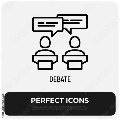 Debate thin line icon, two candidates are discussing politics. Modern vector illustration.