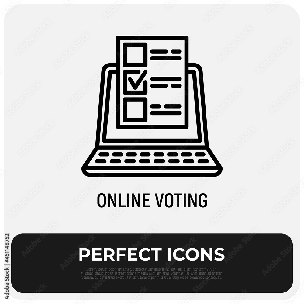 Online voting thin line icon, ballot with mark on laptop screen. Modern vector illustration. Online voting thin line icon, ballot with mark on laptop screen. Modern vector illustration.