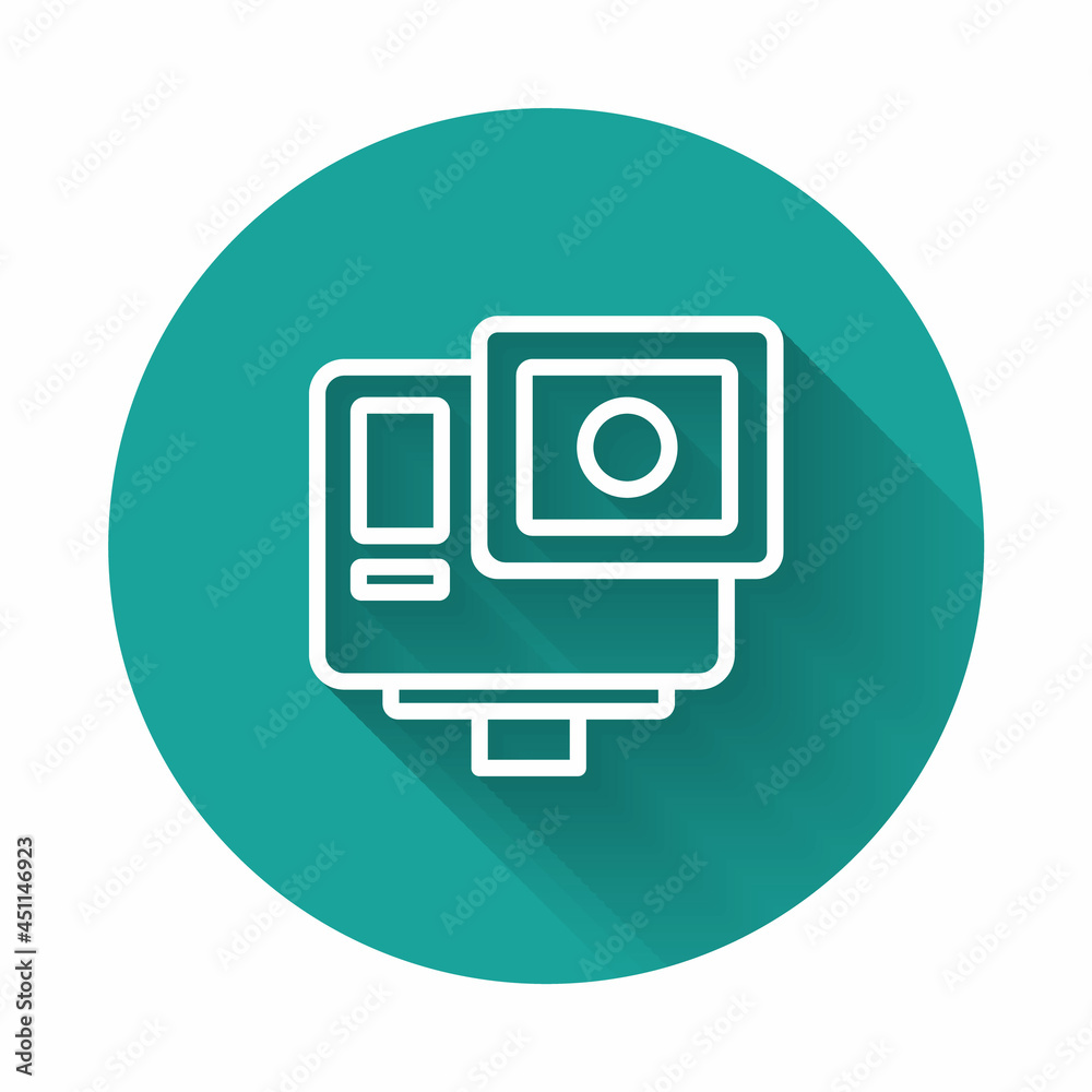 White line Action extreme camera icon isolated with long shadow. Video camera equipment for filming extreme sports. Green circle button. Vector