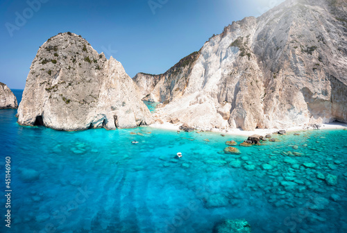 The remote and beautiful beach of Mizithres at the west coast of Zakynthos island, Greece, with crystal clear sea during summer time