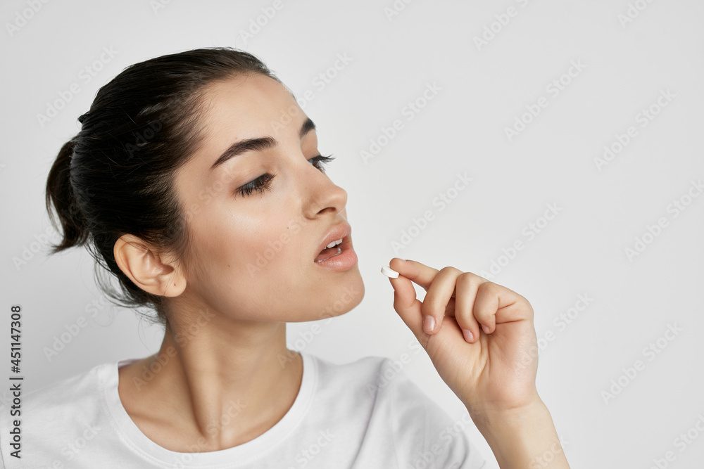 woman taking pills health problems medicine isolated background woman taking pills health problems medicine isolated background
