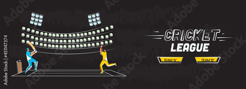Cricket League Banner Or Header Design With Batsman, Bowler Character In Playing Pose On Stadium View Black Background.