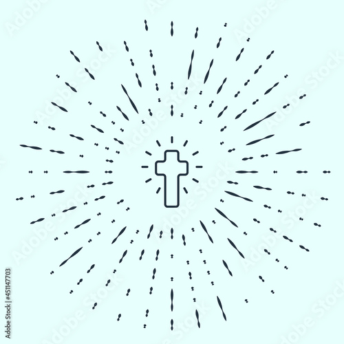 Black line Christian cross icon isolated on grey background. Church cross. Abstract circle random dots. Vector