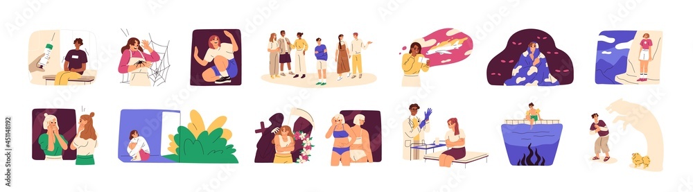 People with different phobias and fears. Psychological problem concept. Scenes set with afraid persons in panic suffering from mental disorders. Flat vector illustration isolated on white background