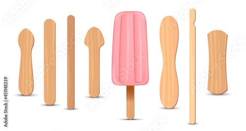 Set of realistic popsicle sticks. Pink strawberry ice cream 3D. Vector illustration, summer season.