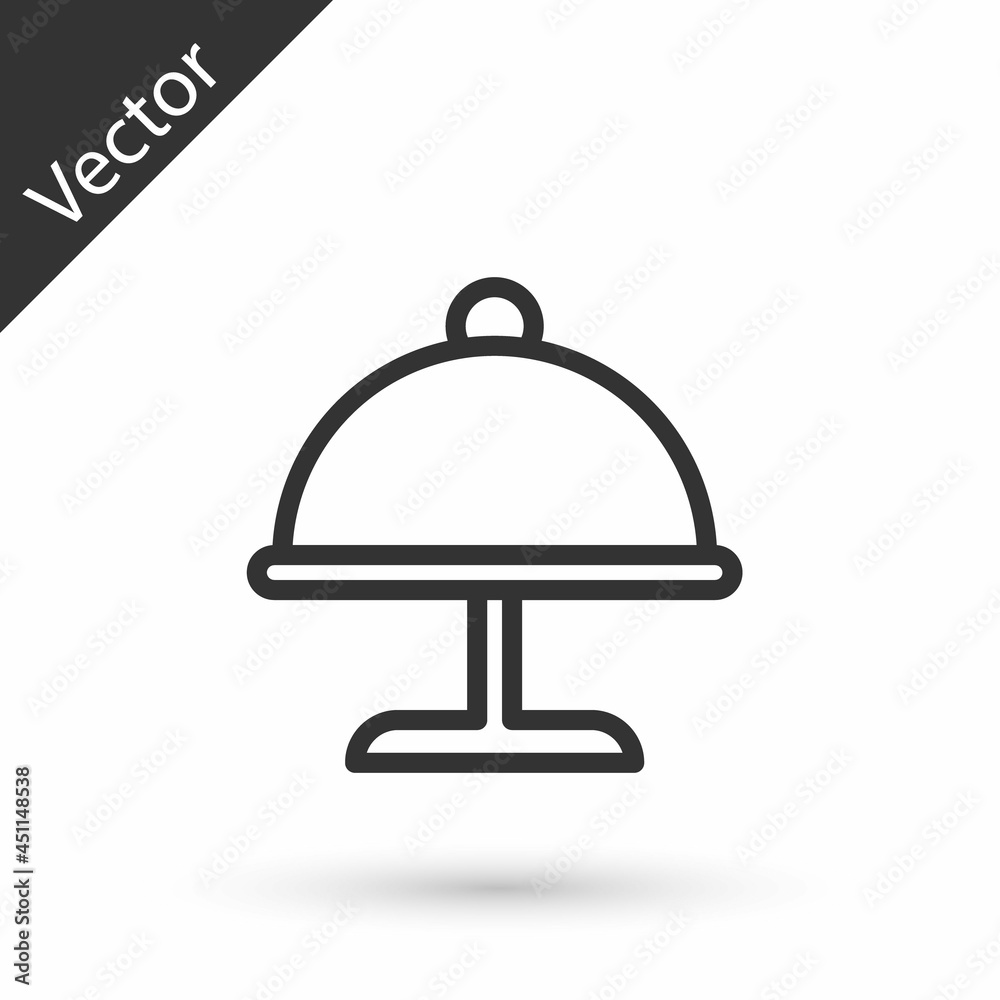 Grey line Covered with a tray of food icon isolated on white background. Tray and lid. Restaurant cloche with lid. Kitchenware symbol. Vector Grey line Covered with a tray of food icon isolated on white background. Tray and lid. Restaurant cloche with lid. Kitchenware symbol. Vector
