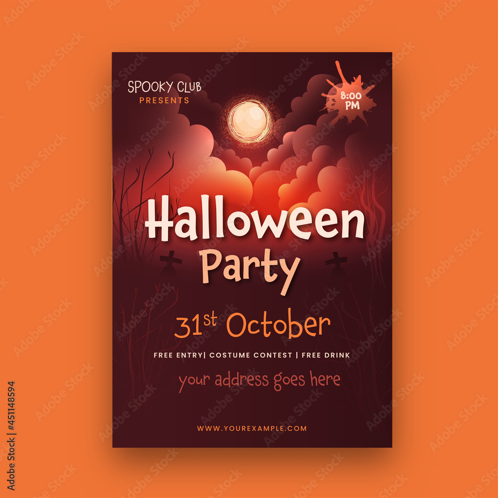 Halloween Party Flyer Design With Event Details On Full Moon Dark Red Background.