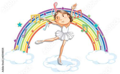 Ballerina dancing on the cloud with melody symbols on rainbow