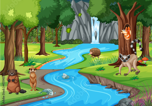 Fototapeta Naklejka Na Ścianę i Meble -  Nature scene with stream flowing through the forest with wild animals