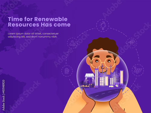 Renewable Energy Resources Concept With Young Man Holding Eco City Globe On Purple Background.