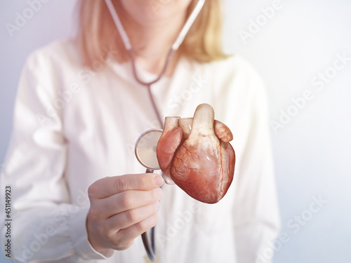 Doctor holding a red heart at hospital office. Medical health care and doctor staff service concept. female cardiologist doctor