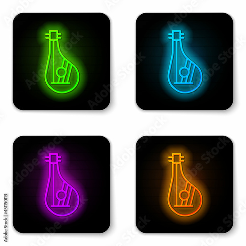 Glowing neon line Ukrainian traditional musical instrument bandura icon isolated on white background. Black square button. Vector