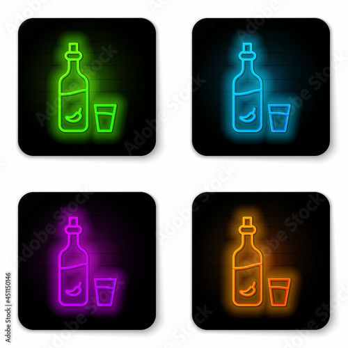 Glowing neon line Vodka with pepper and glass icon isolated on white background. Ukrainian national alcohol. Black square button. Vector