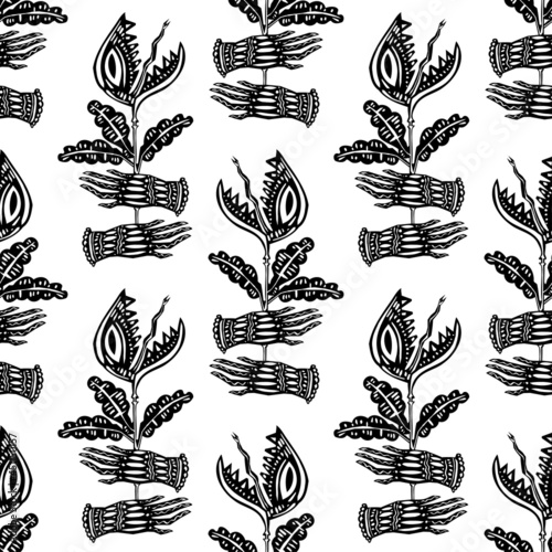Magic hands holding a hungry carnivorous flower predator plant venus flytrap seamless pattern background.