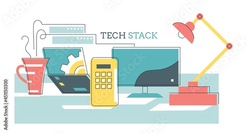 Web Software Development Concept Banner.Computer, laptop and  stack of servers.