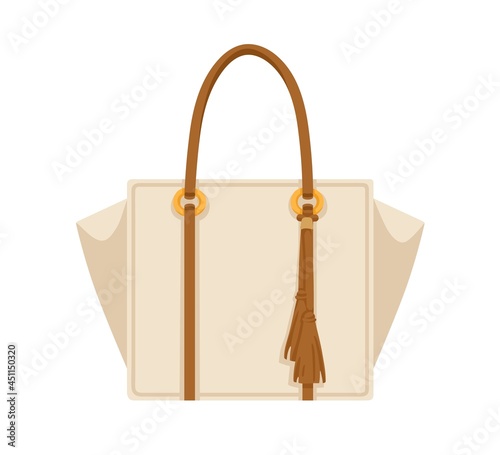 Women shopper bag with leather double handle and fringe. Female handheld handbag of rectangular shape. Modern fashion hand luggage. Realistic flat vector illustration isolated on white background