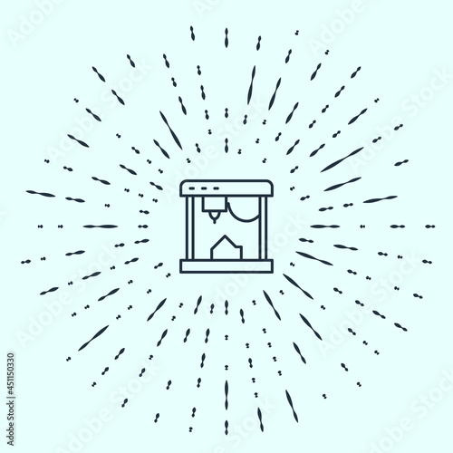 Black line 3D printer icon isolated on grey background. Abstract circle random dots. Vector