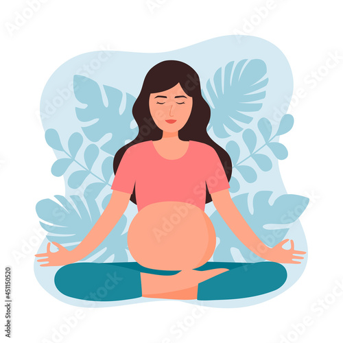 Pregnant woman meditating in flat design. Happy pregnant female yoga for relaxation.