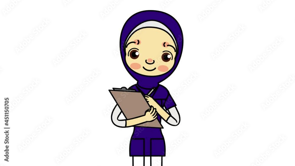 Female muslim nurse wearing hijab writing clipboard on white background. cartoon animation. Female muslim nurse wearing hijab writing clipboard on white background. cartoon animation.