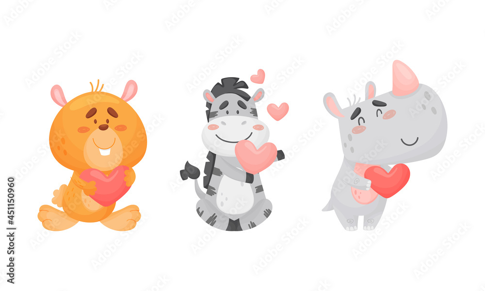 Naklejka premium Adorable baby animals with pink hearts set. Lovely happy bear, zebra, rhinoceros holding heart cartoon vector illustration
