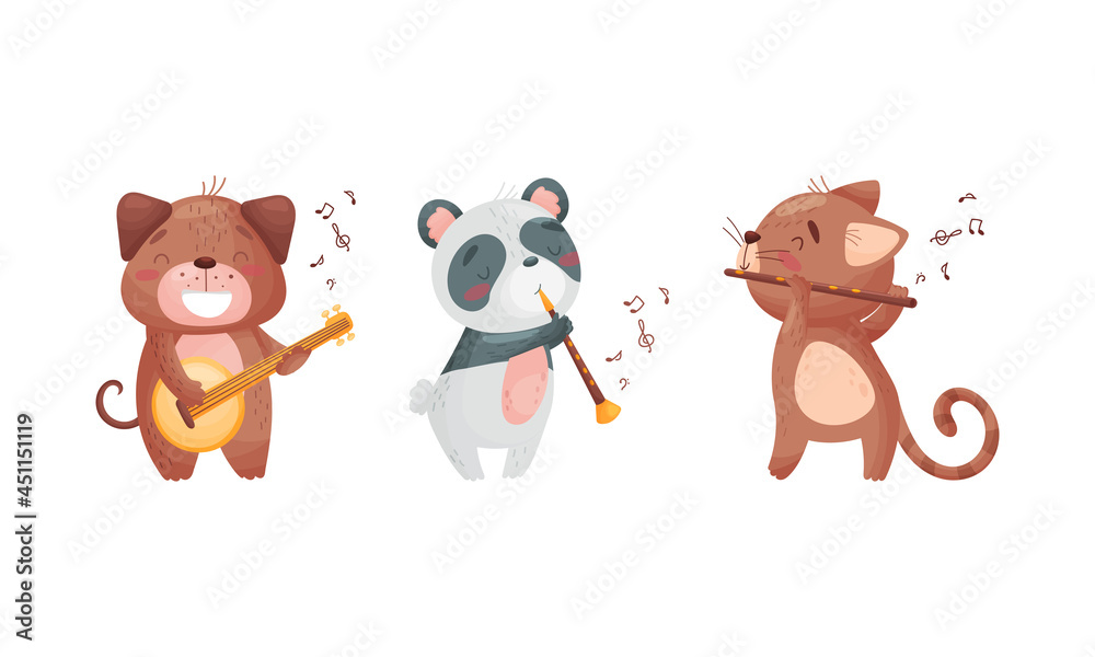 Adorable animals playing musical instruments set. Cute hamster, panda, kitten playing cat, flute, domra, clarinet cartoon vector illustration Adorable animals playing musical instruments set. Cute hamster, panda, kitten playing cat, flute, domra, clarinet cartoon vector illustration