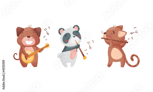 Adorable animals playing musical instruments set. Cute hamster, panda, kitten playing cat, flute, domra, clarinet cartoon vector illustration