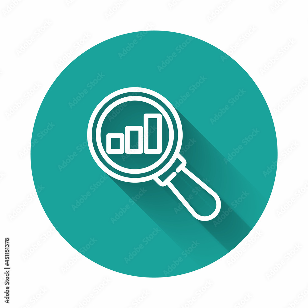 White line Magnifying glass and data analysis icon isolated with long shadow. Green circle button. Vector White line Magnifying glass and data analysis icon isolated with long shadow. Green circle button. Vector