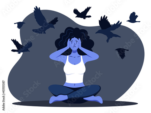 Girl in depression flat vector illustration and black crows flying around her