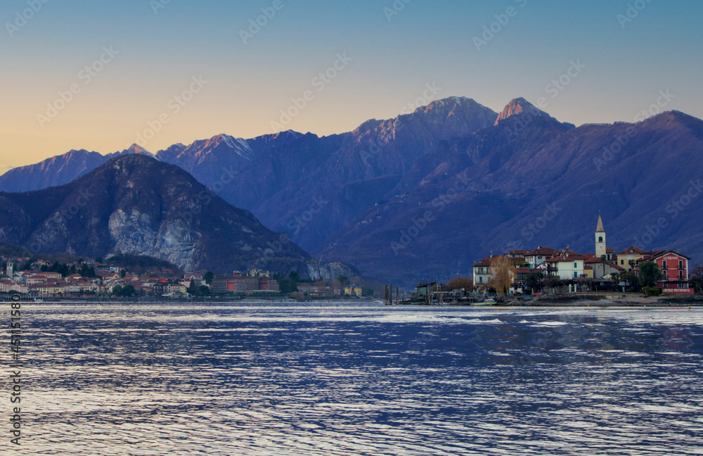colorful sunset on the Borromean islands.Stresa, Lake Maggiore, Italy
