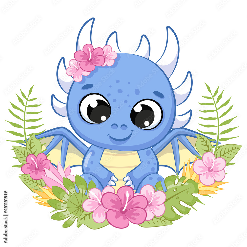 Cute dinosaur with flowers and a wreath. Vector illustration of a cartoon. Cute dinosaur with flowers and a wreath. Vector illustration of a cartoon.