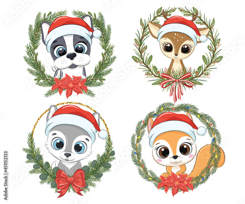A set of cute animals for the New Year and for Christmas. Dog, puppy, reindeer , wolf, squirrel. Vector illustration of a cartoon.