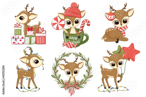 A set of cute reindeer for the New Year and for Christmas. Vector illustration of a cartoon.