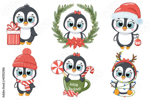 A set of cute penguins for the New Year and for Christmas. Vector illustration of a cartoon.