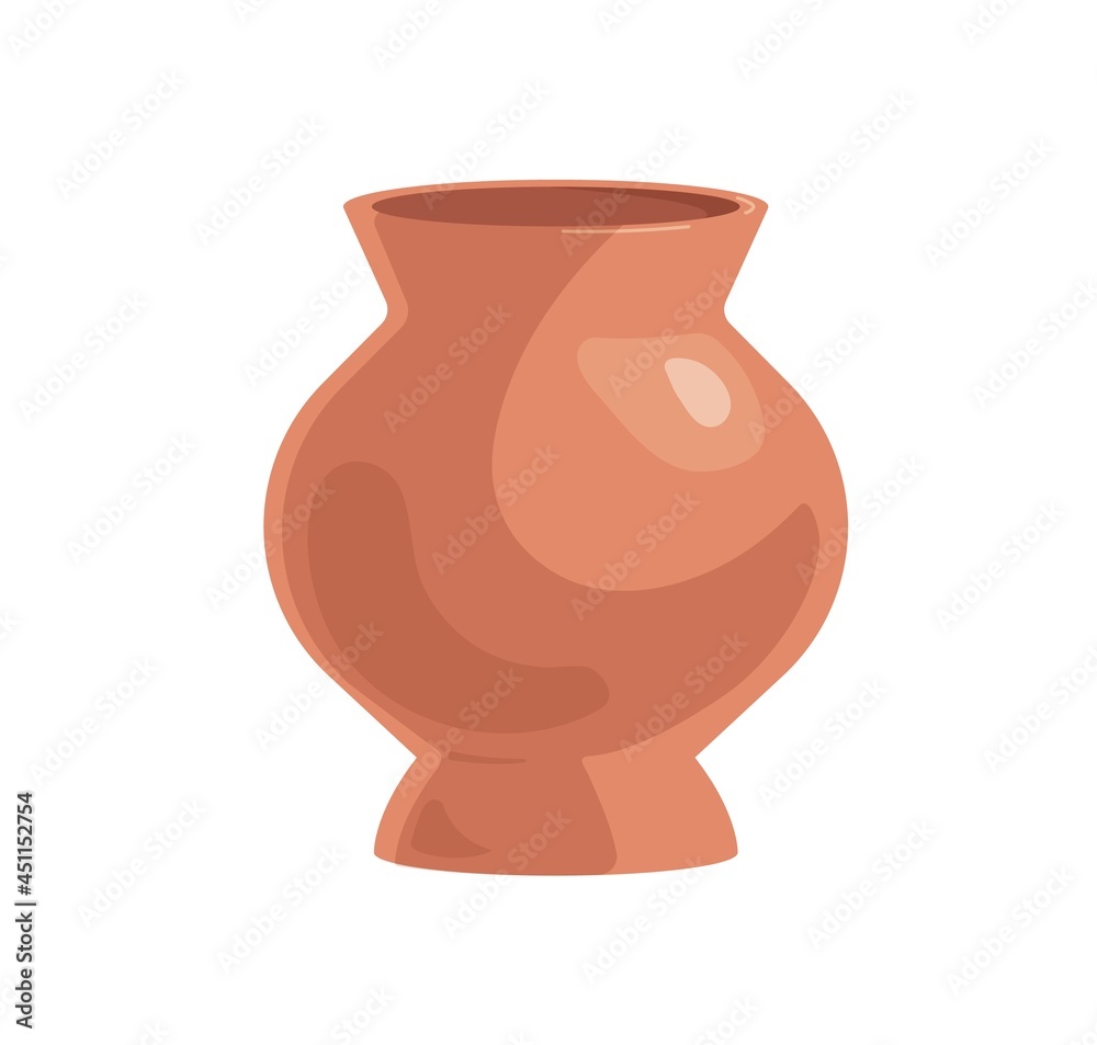 Earthen vase with wide neck. Brown clay vessel. Pottery object. Realistic empty pot. Decorative crock. Colored flat cartoon vector illustration of earthenware isolated on white background