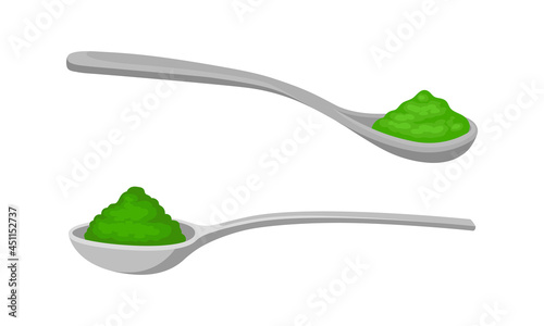Spirulina dietary supplement. Powder of organic product in spoon vector illustration