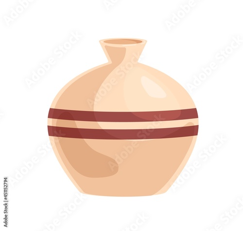 Ceramic vase with rounded sides. Empty volumetric vessel. Earthen object of pottery art. Realistic crockery. Colored flat cartoon vector illustration of earthenware isolated on white background