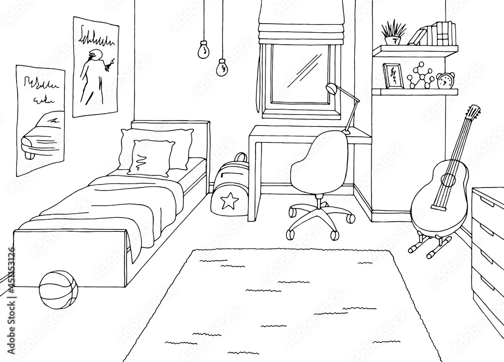 Teenager room graphic black white home interior sketch illustration